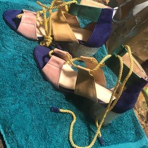 Size 9 colorful block heel strap up sandal/shoe